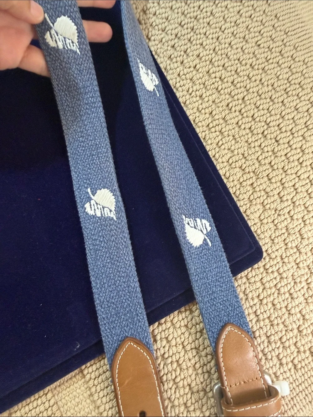 Peter Millar Men’s 38 Golf Belt Blue Embroidered Leather Solid Brass USA